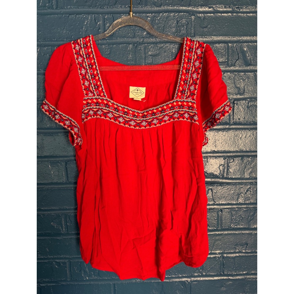 St Johns Bay Womens Red Embroidered‎ Square Neck Boho Blouse XS Short Sleeve